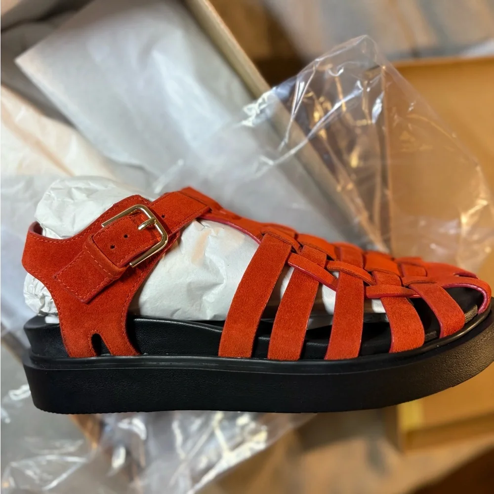 Anthropologie Red Suede Strappy Platform Sandals - Picture 5 of 7